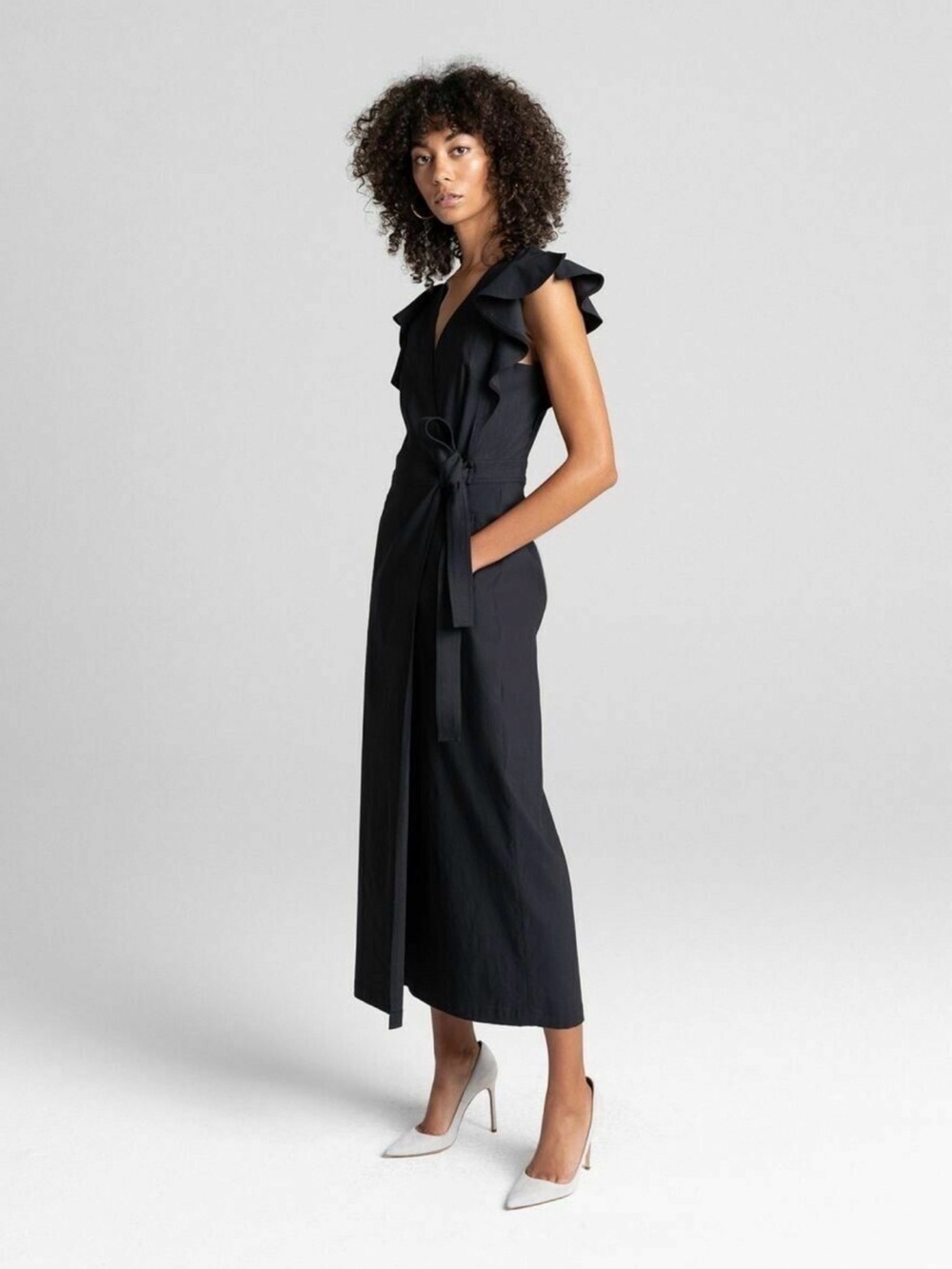 A.L.C. Walker Linen Blend Wrap Dress in Black with Ruffle-Shoulder